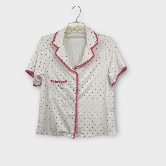 Pajama Top Short Sleeve Button Front with Hearts Women’s Size M - Picture 2 of 7